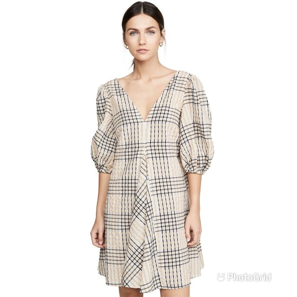 Ganni Dresses & Skirts - GANNI 34 XS PLAID FLARED MINI DRESS IN 195 IRISH CREAM